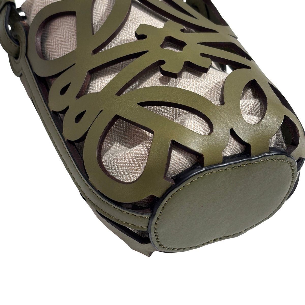 Used LOEWE Leather Canvas Anagram Cutout Pocket Bucket Bag Khaki Beige