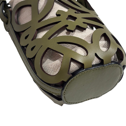 Used LOEWE Leather Canvas Anagram Cutout Pocket Bucket Bag Khaki Beige