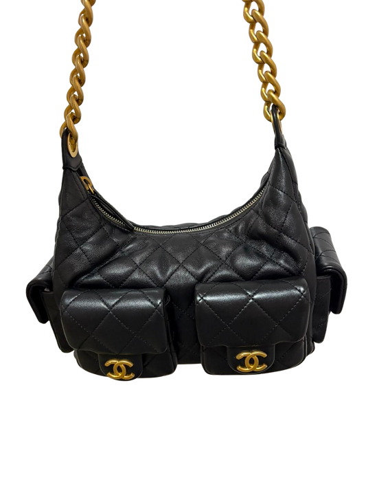 Used CHANEL Lambskin 25C Hobo Small Bag Black GHW