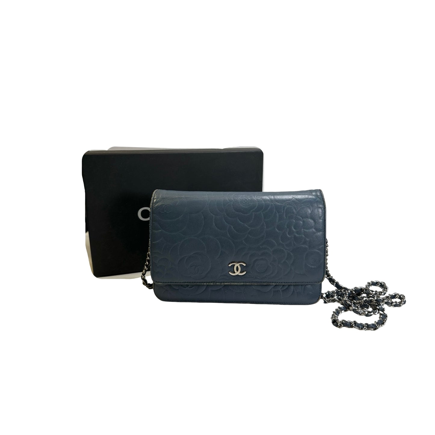 Used CHANEL Camellia Leather Wallet on chain Wallet on chain Navy