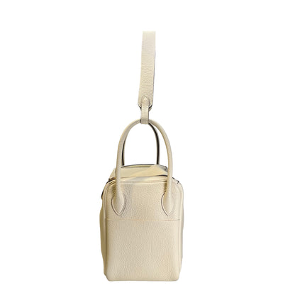 Used HERMES Leather Clemence Lindy Handbag Cream Off-White