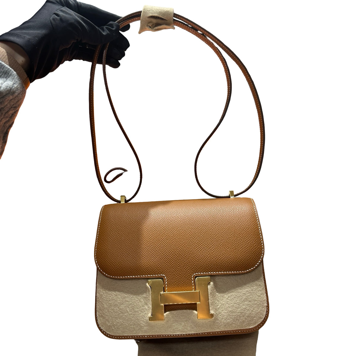 Brand New HERMES Epsom Felt Constance Crossbody Bag Brown Beige Gold Hardware