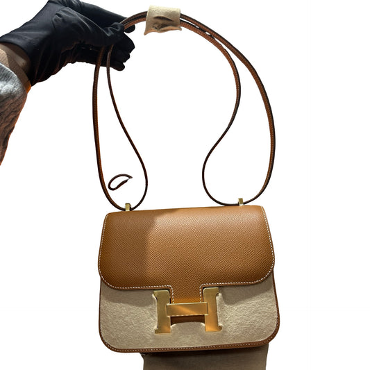 Brand New HERMES Epsom Felt Constance Crossbody Bag Brown Beige Gold Hardware