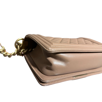 Used CHANEL Calfskin Leather Boy 20cm Shoulder Bag Beige GHW