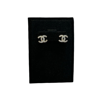 Brand New CHANEL CC Logo Crystal Earrings Silver