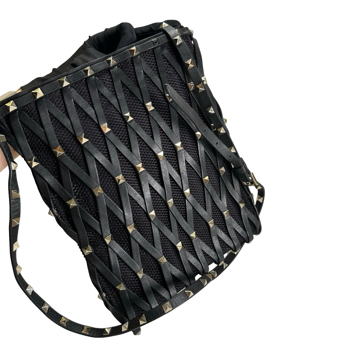 Used VALENTINO Leather Mesh Rockstud Spike Tote Bag Black Silver