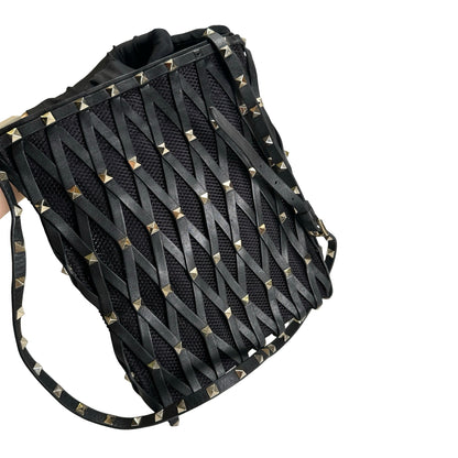Used VALENTINO Leather Mesh Rockstud Spike Tote Bag Black Silver