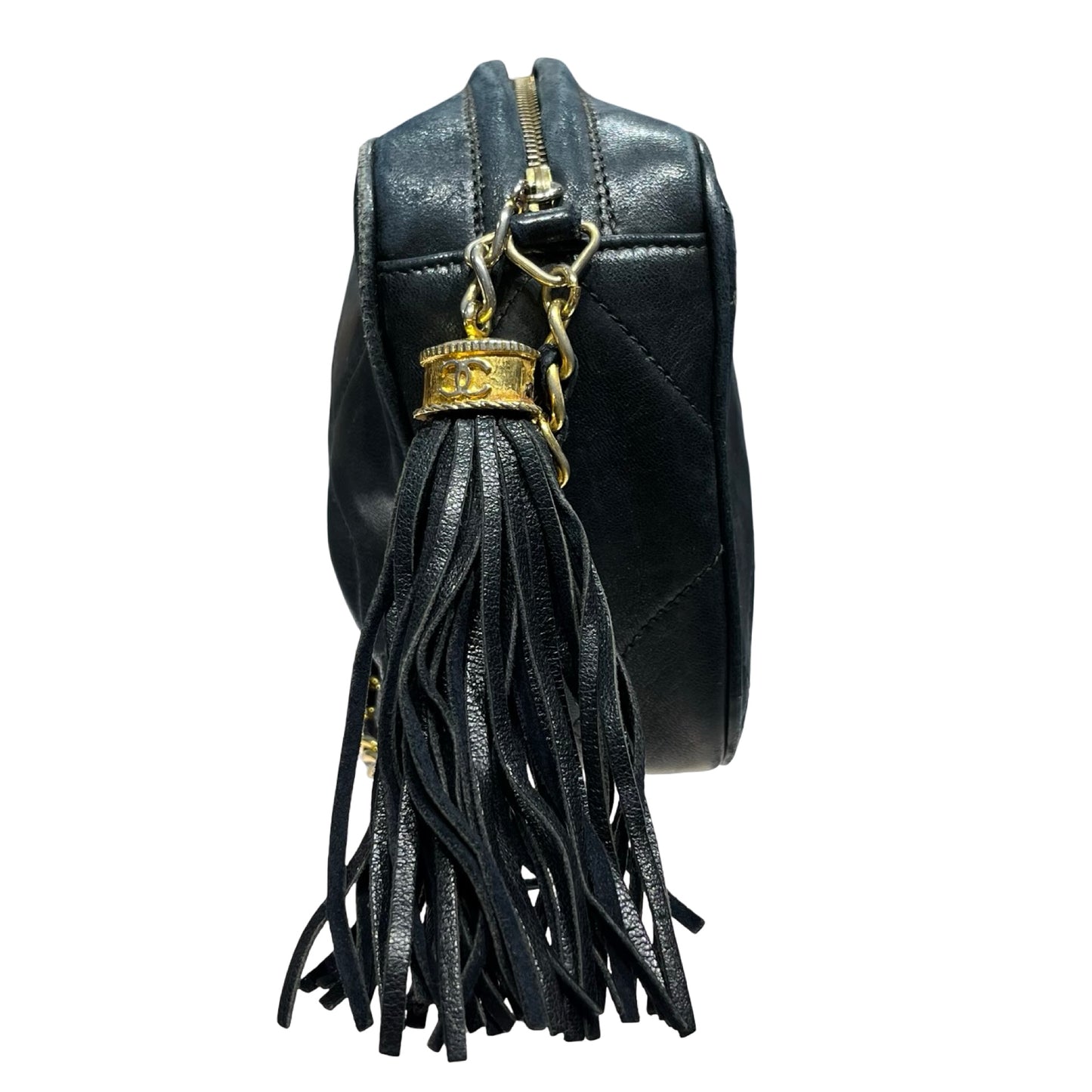 Used CHANEL Lambskin Leather Vintage Chain Bag Chain Shoulder Bag Black