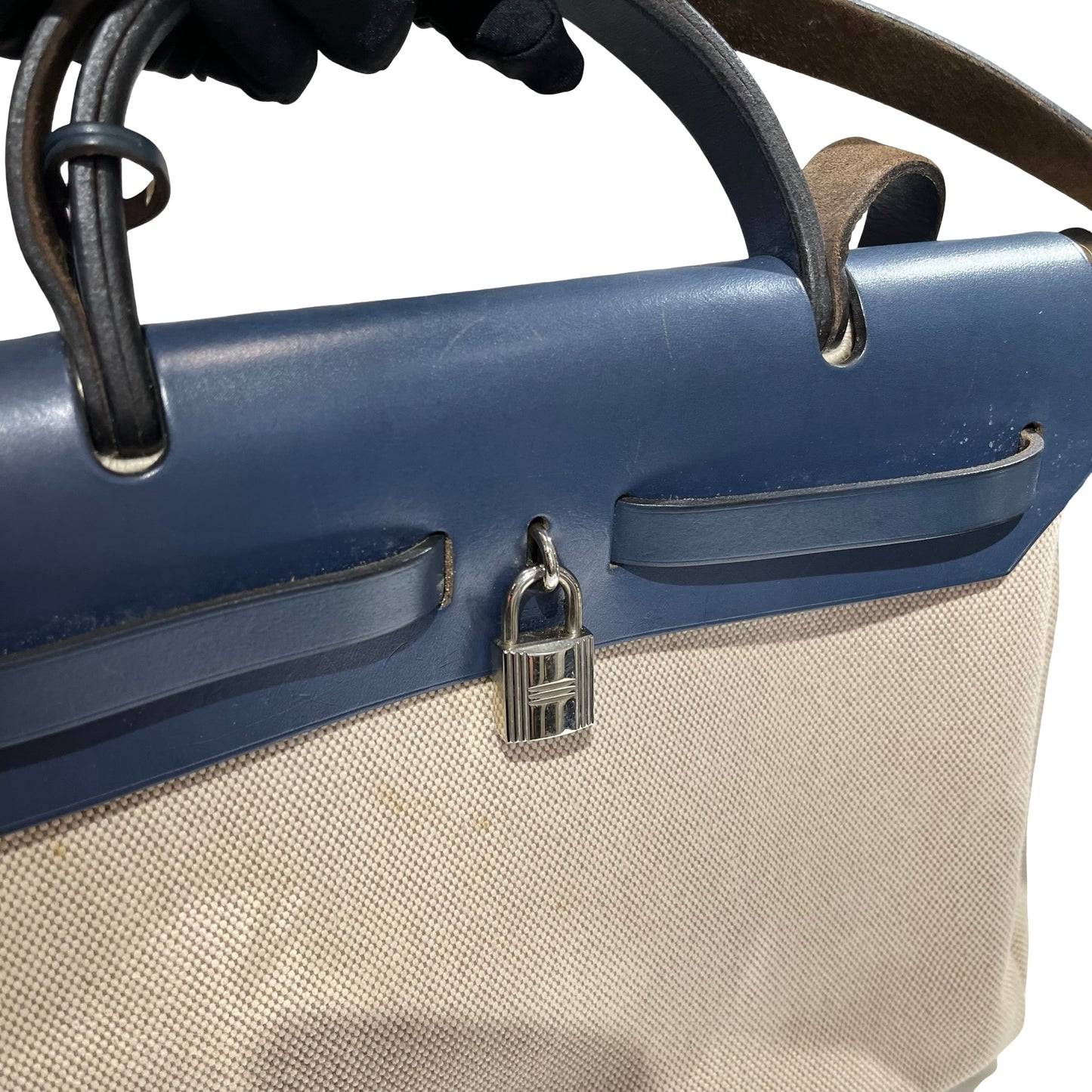 Used HERMES Canvas Leather Herbag Handbag Beige Blue