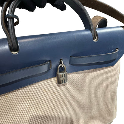 Used HERMES Canvas Leather Herbag Handbag Beige Blue