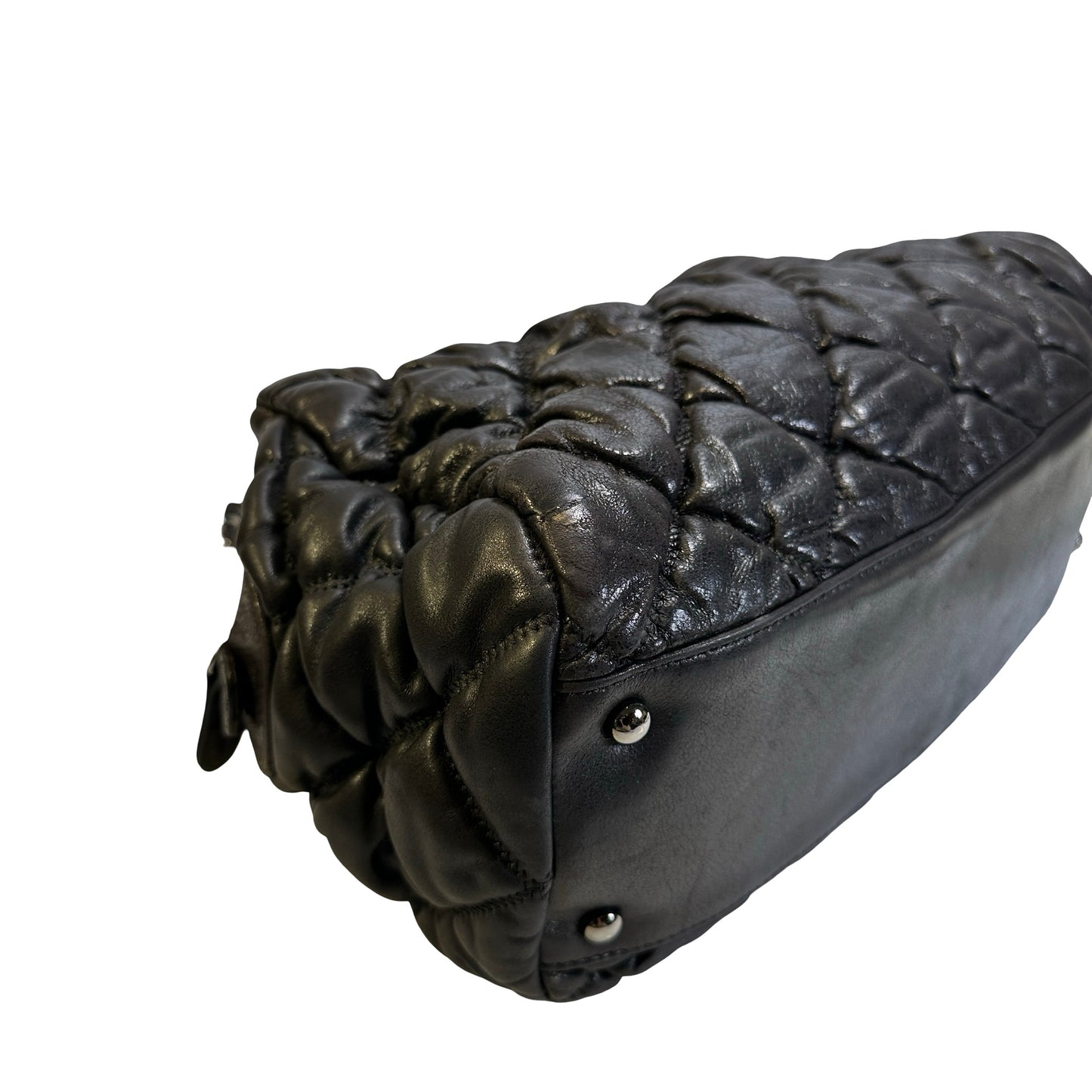 Used CHANEL Quilted Leather Bubble Quilted Bowler Bag Handbag Black Silver hardware