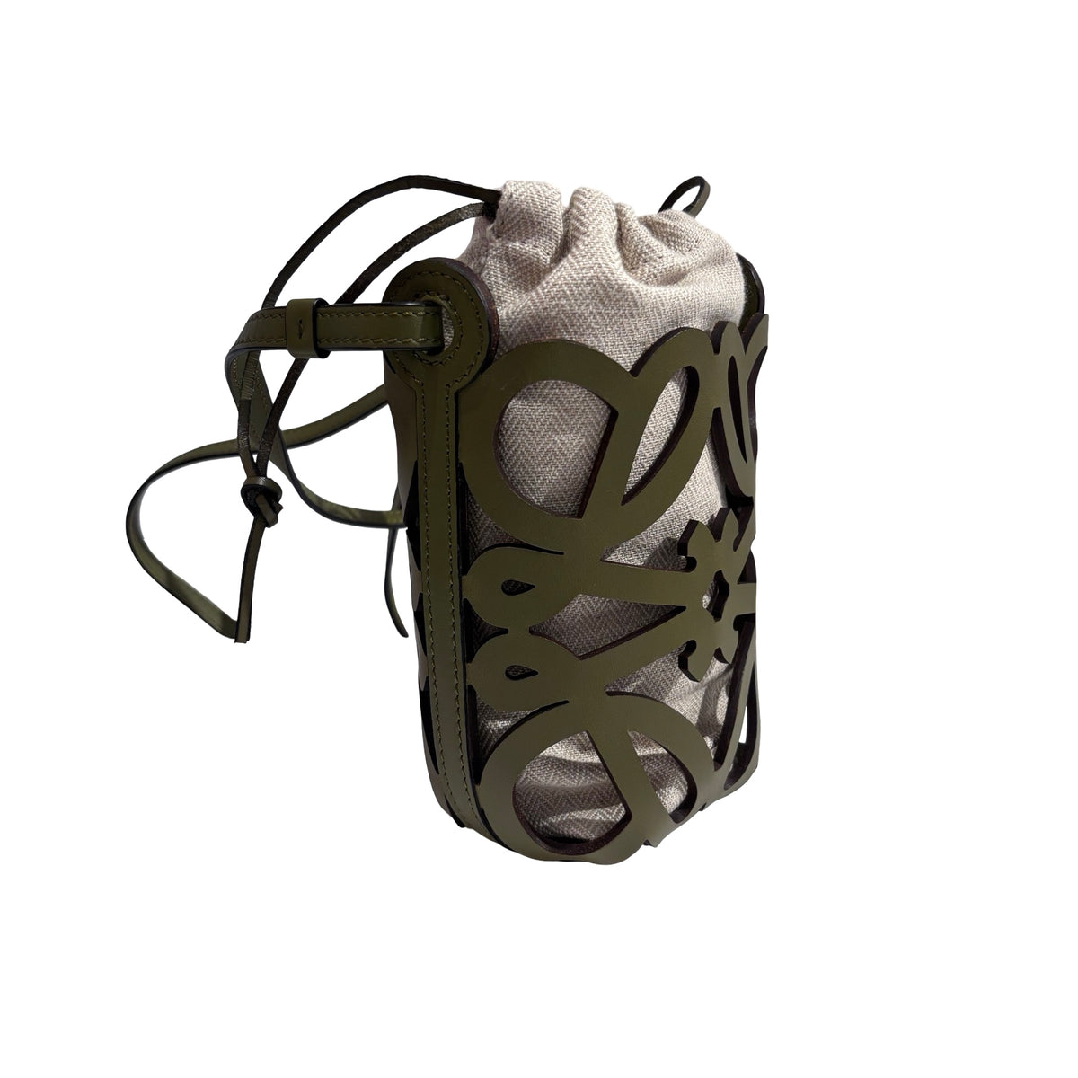 Used LOEWE Leather Canvas Anagram Cutout Pocket Bucket Bag Khaki Beige