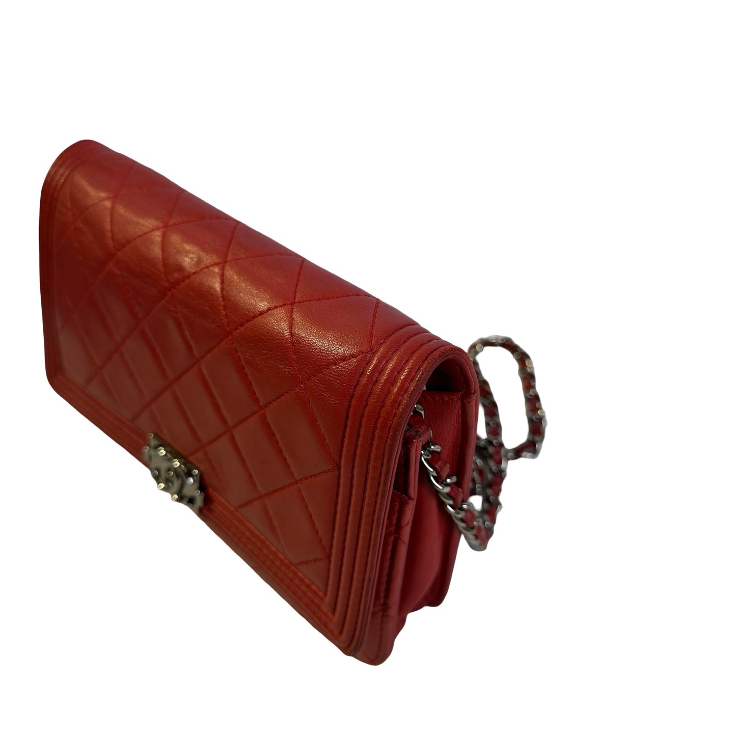Used CHANEL Quilted Lambskin Boy Wallet on chain Red