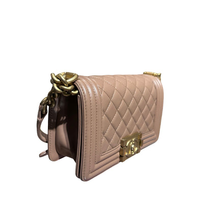 Used CHANEL Calfskin Leather Boy 20cm Shoulder Bag Beige GHW