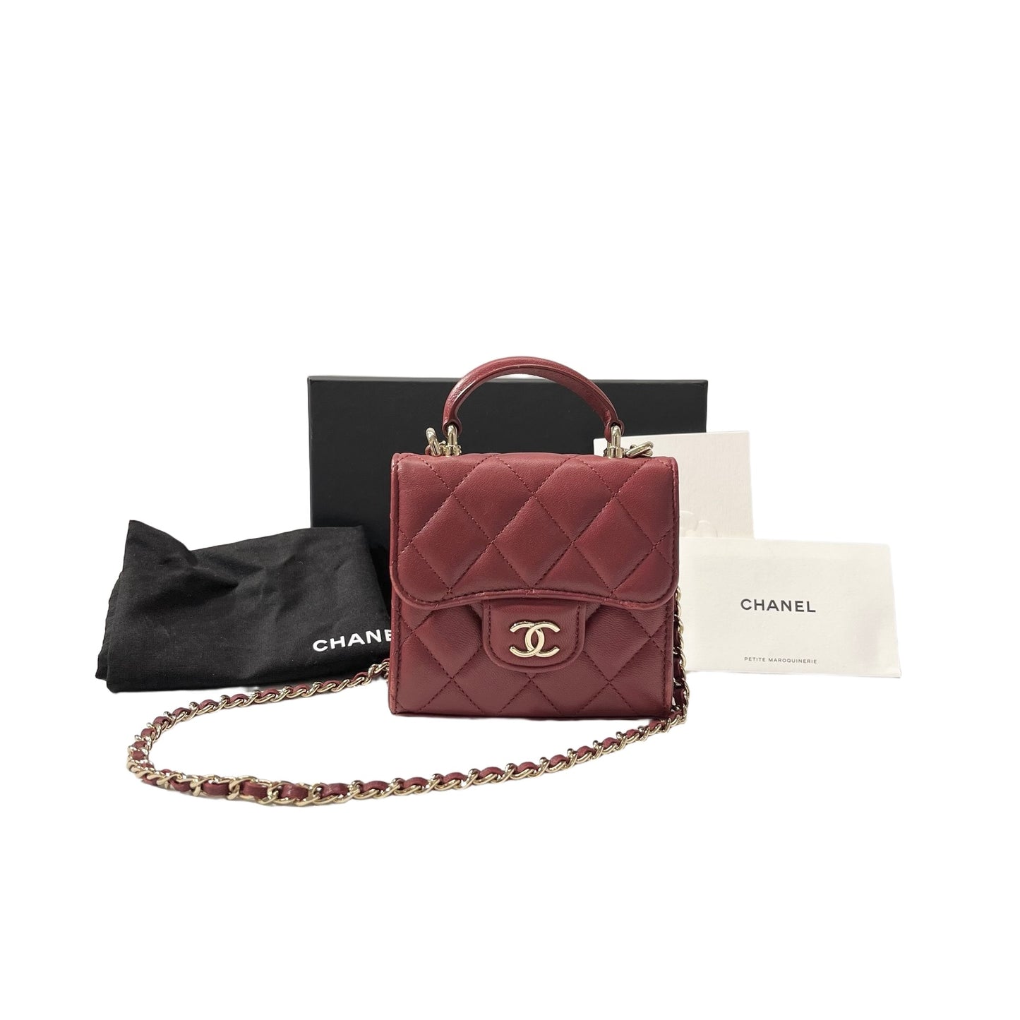Used CHANEL Lambskin Leather Mini Handle Mini Bag GHW Red