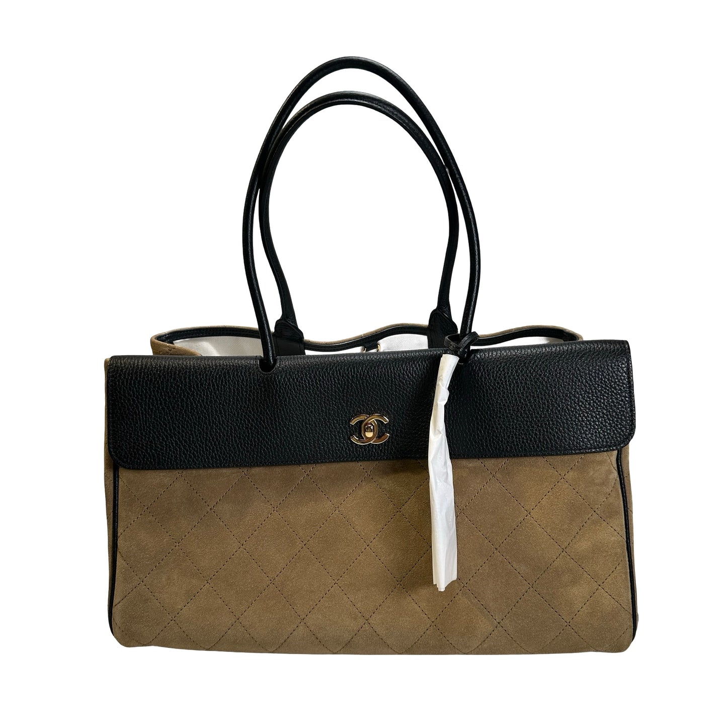Brand New CHANEL Quilted Suede Caviar Deauville Tote Bag Beige Black Gold