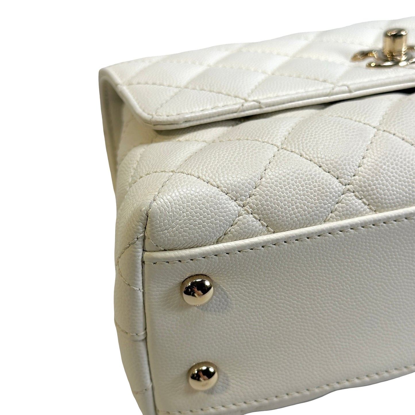 Used CHANEL Quilted Caviar Coco Handle Handbag White GHW