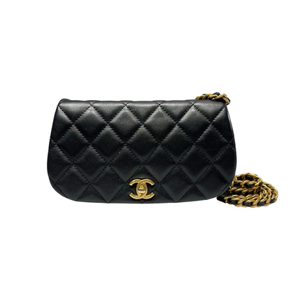 Used CHANEL Lambskin Leather Cross Body Bag Black GHW