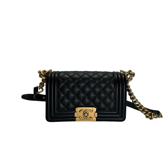 Used CHANEL Quilted Caviar Boy 20 Shoulder Bag Black Gold