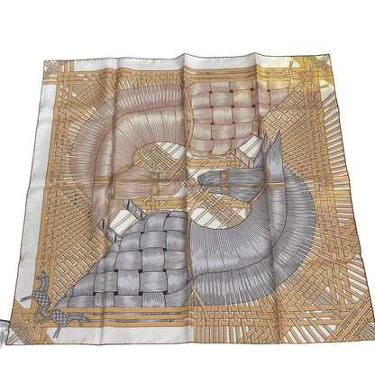 Brand New HERMES Silk Printed Carre 90 Scarf Grey White Gold