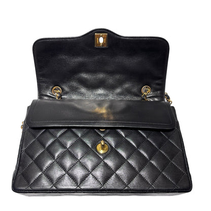 Used CHANEL Lambskin Leather Vintage Paris Double Flap Medium Chain Shoulder Bag Black GHW