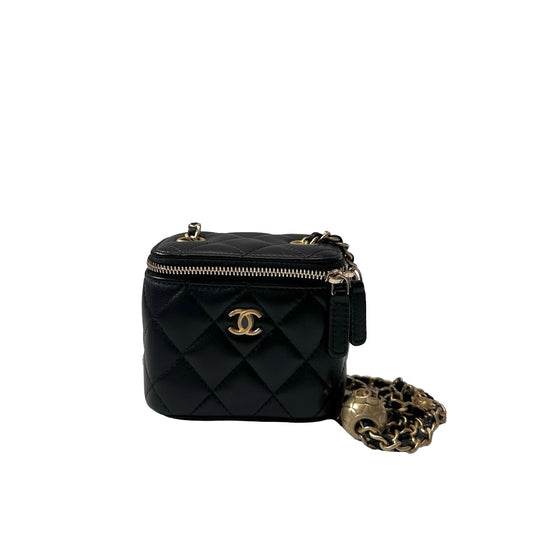 Used CHANEL Lambskin Leather Vanity Case with Gold Ball Cross Body Bag Black GHW