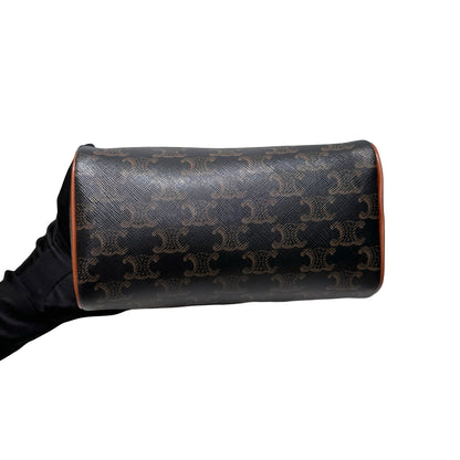 Used CÉLINE Calfskin Leather TRIOMPHE Canvas Boston small Shoulder Bag Brown GHW