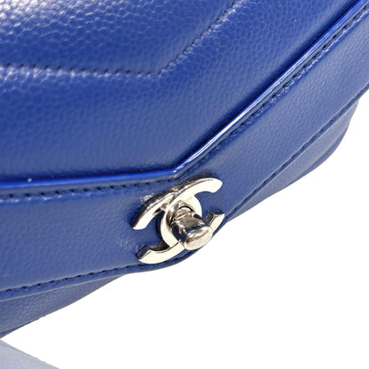 Used CHANEL Calfskin Leather FLAP Cross Body Bag Navy Blue PHW