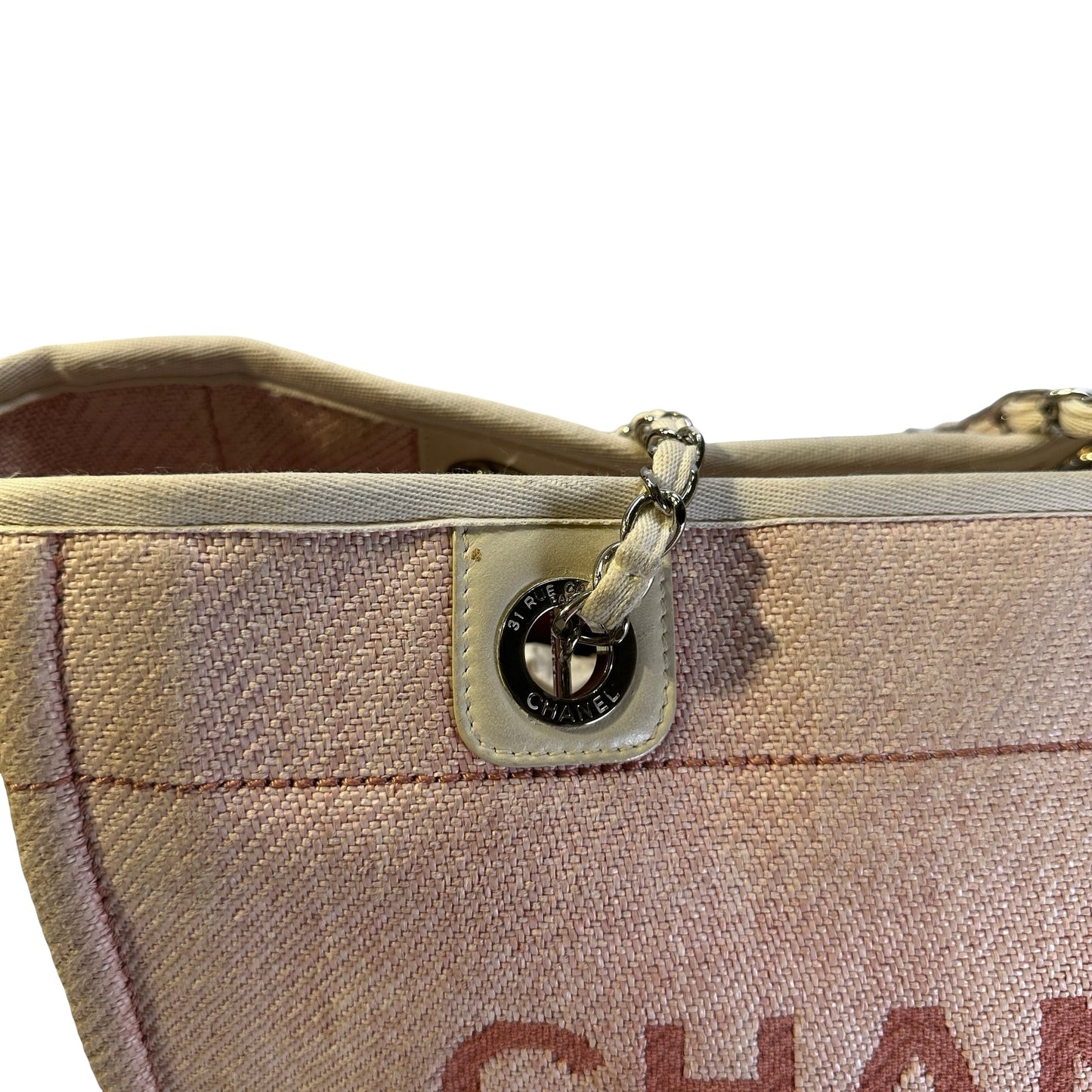 Used CHANEL Canvas Deauville Tote Bag Pink Silver