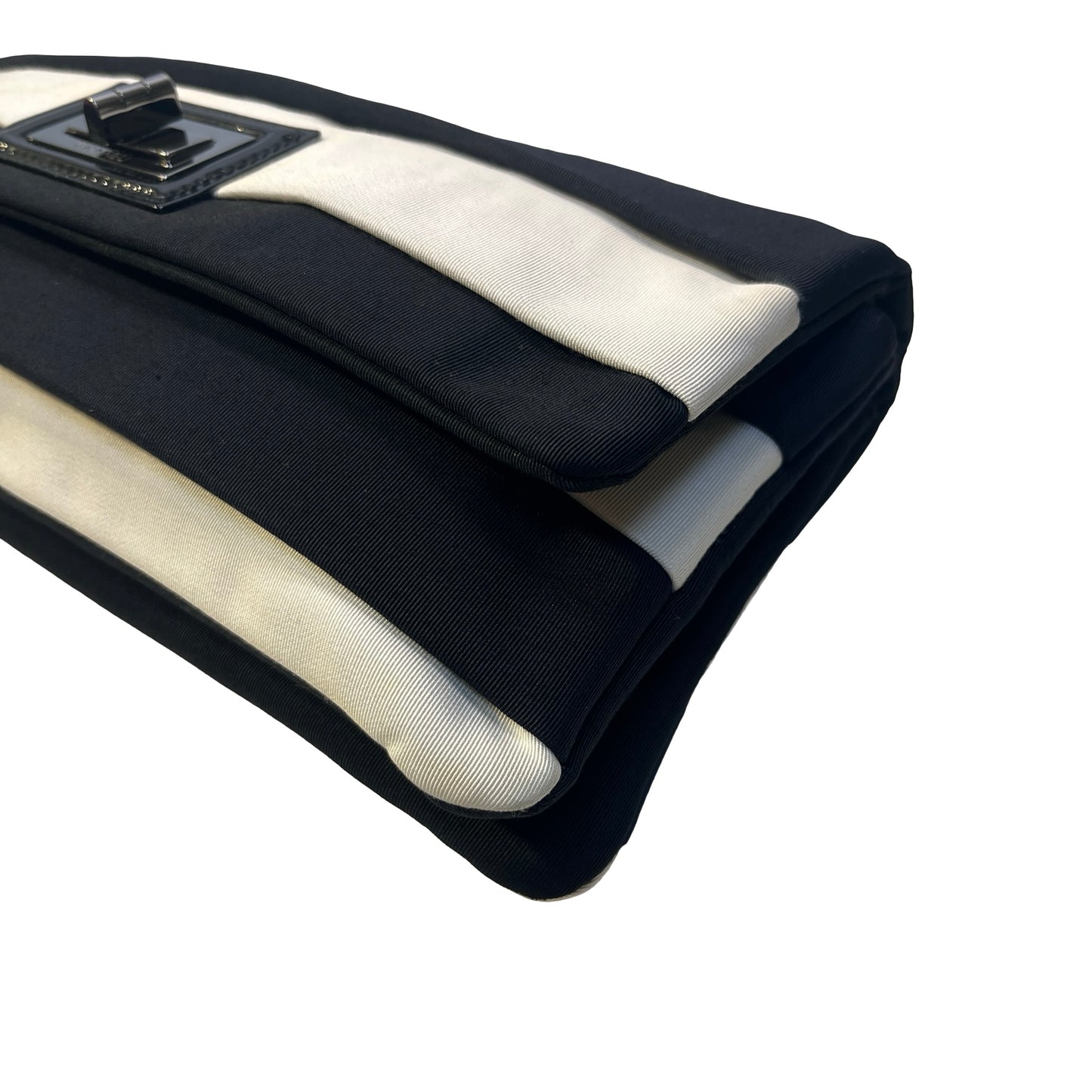 Used CHANEL Stripes Grosgrain Ribbon 2.55 Reissue Shoulder Bag Black White Silver