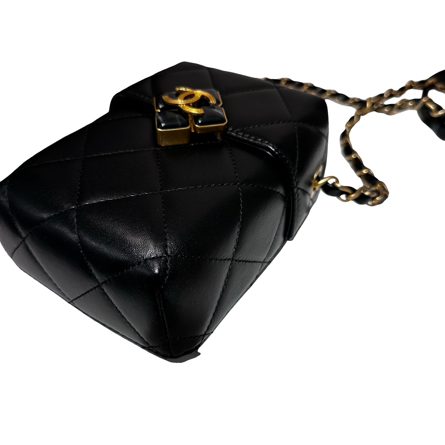 Used CHANEL Lambskin Leather Plexi Box Shoulder Bag Black GHW
