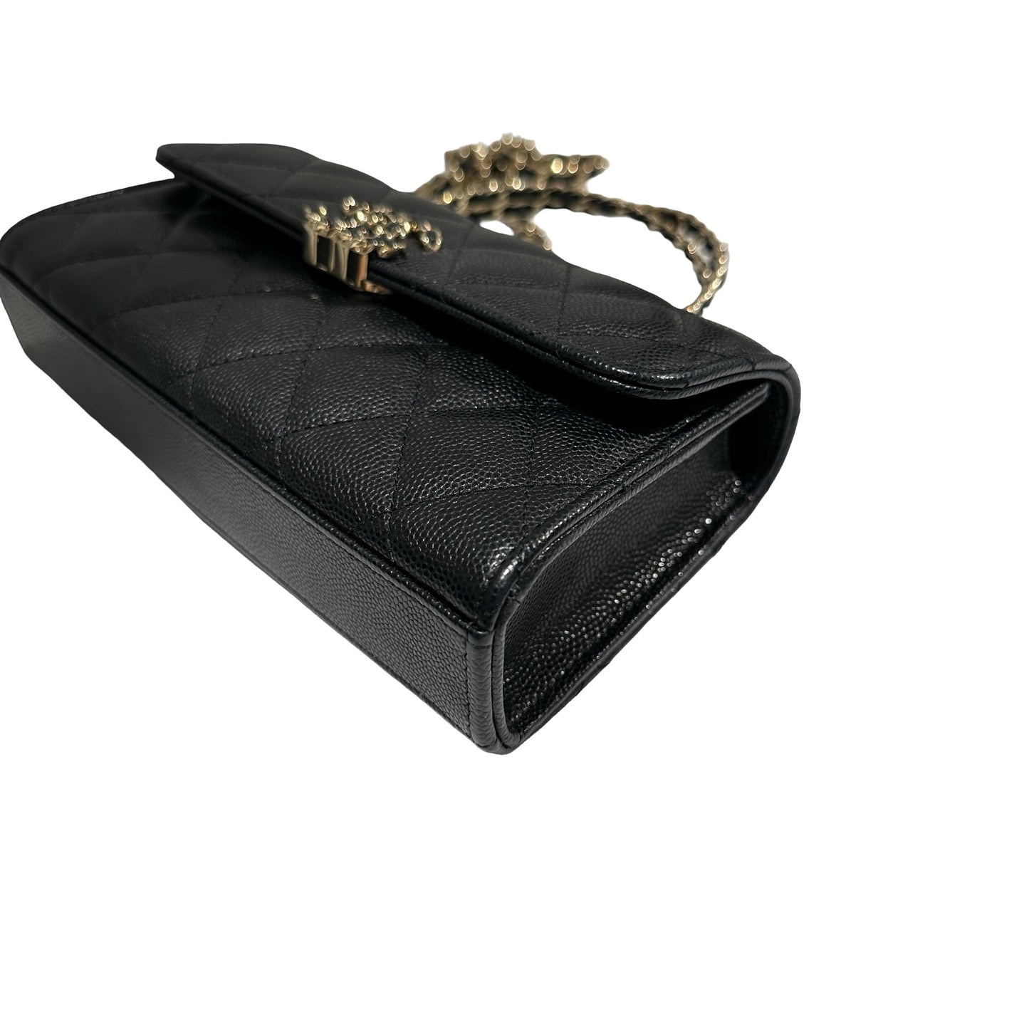 Used CHANEL Quilted Caviar Handle Classic Flap Handbag Black Gold
