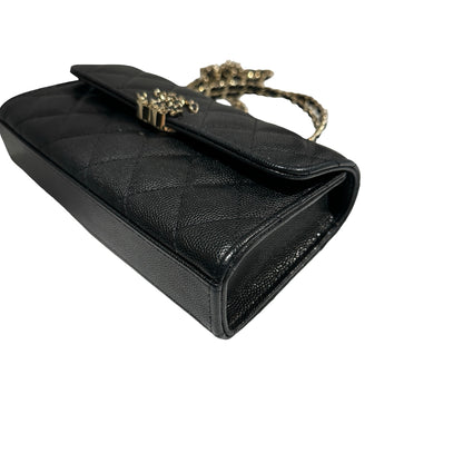 Used CHANEL Quilted Caviar Handle Classic Flap Handbag Black Gold