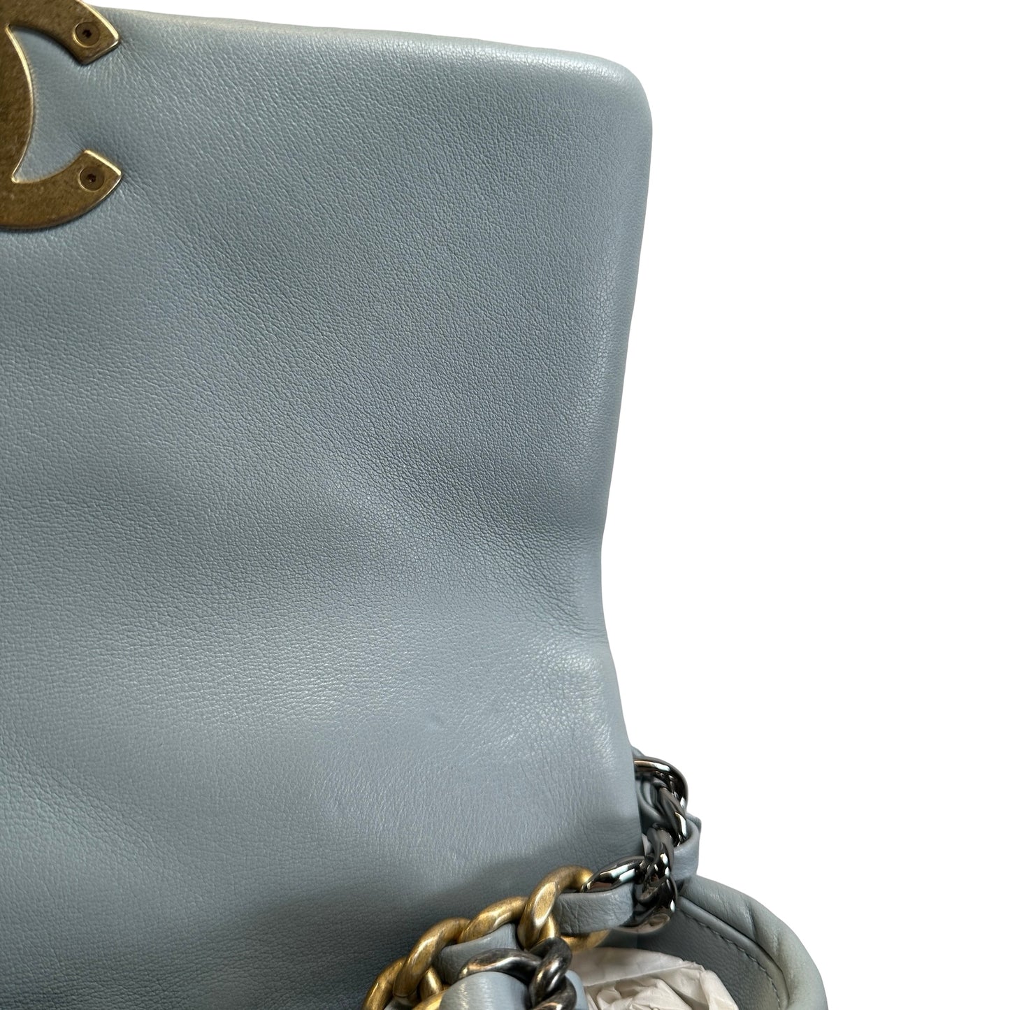 Used CHANEL Lambskin Quilted Chanel 19 Chain Shoulder Bag Light Blue Gold