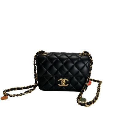 Used CHANEL Quilted Lambskin Mini Flap Bag Shoulder Bag Black Gold
