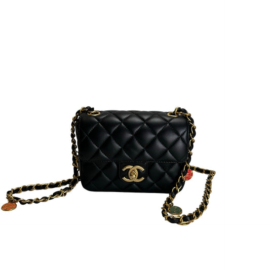 Used CHANEL Quilted Lambskin Mini Flap Bag Shoulder Bag Black Gold