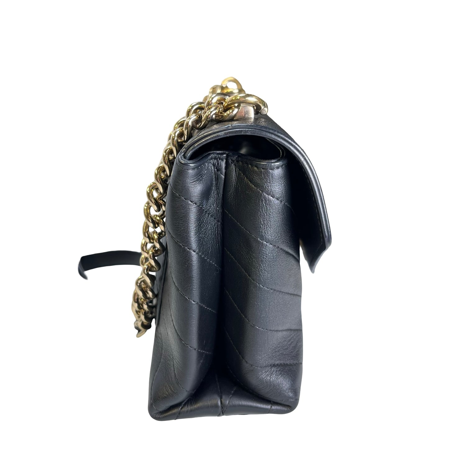 Used CHANEL Calf skin Chevron Top Handle Bag Shoulder Bag Black GHW