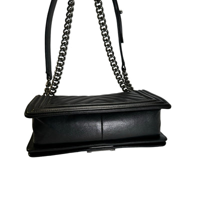 Used CHANEL Chevron Leather Boy Chanel Shoulder Bag Black Silver