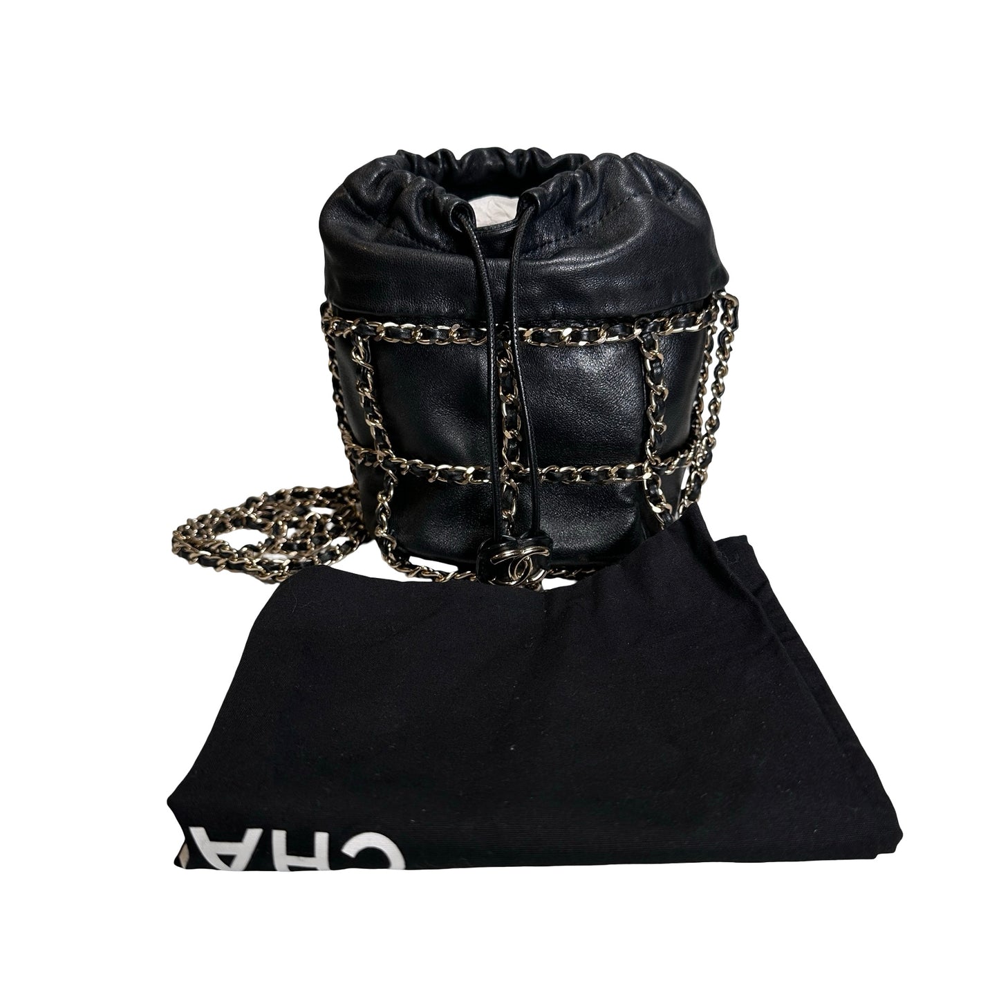 Used CHANEL Leather Drawstring Bag Drawstring Bag Black GHW