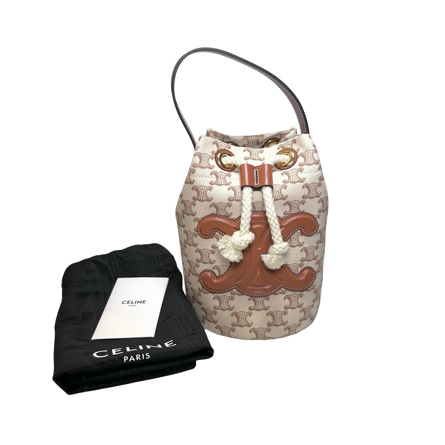 Used CELINE Triomphe Canvas Calfskin Teen Triomphe Drawstring Drawstring Bag Beige Brown GHW