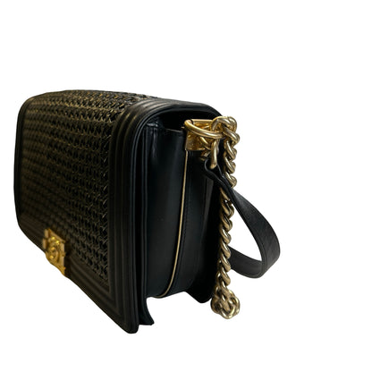 Used CHANEL Woven Leather Boy Chain Shoulder Bag Black Gold