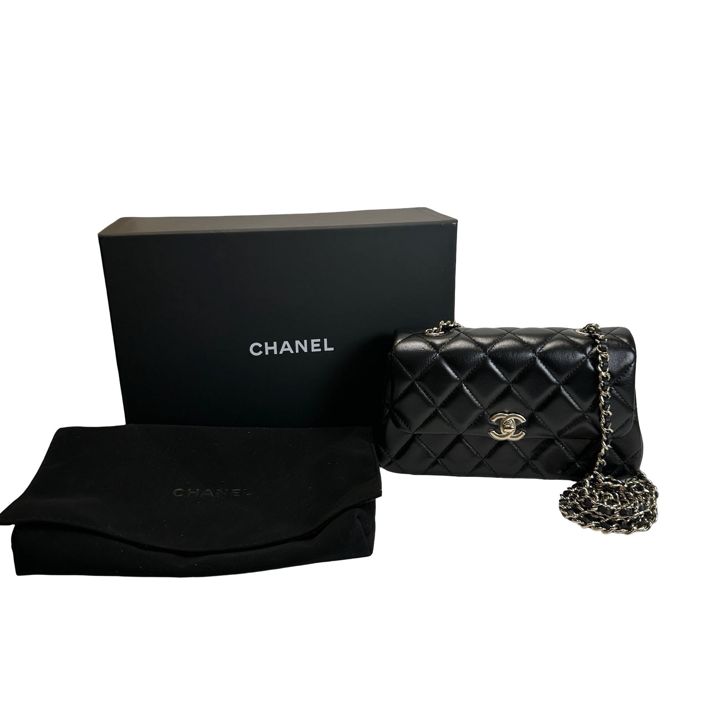 Used CHANEL Quilted Lambskin Mini Rectangular Flap Bag Chain Shoulder Bag Black Gold
