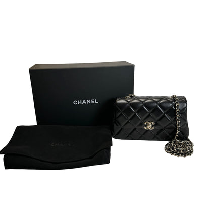 Used CHANEL Quilted Lambskin Mini Rectangular Flap Bag Chain Shoulder Bag Black Gold