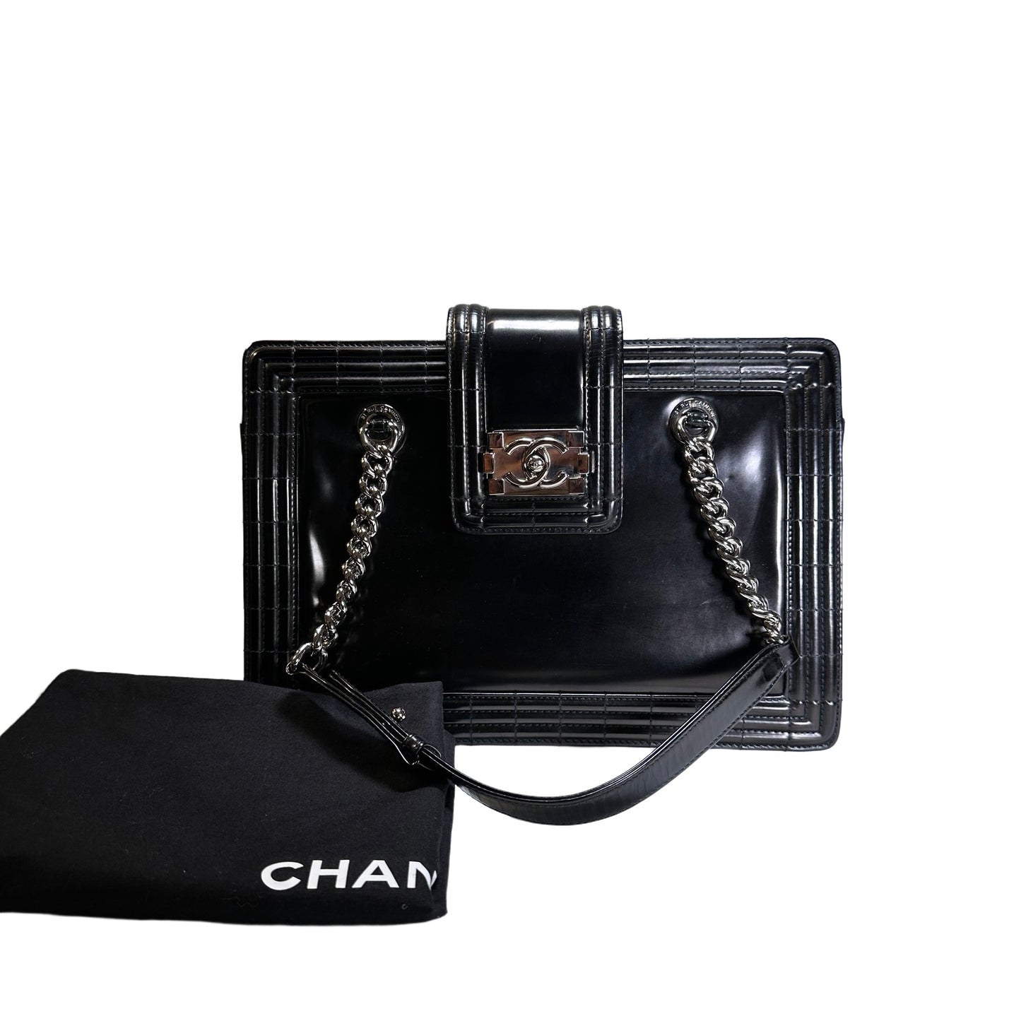 Used CHANEL Patent Leather Boy Shopping Tote Tote Bag Black PHW
