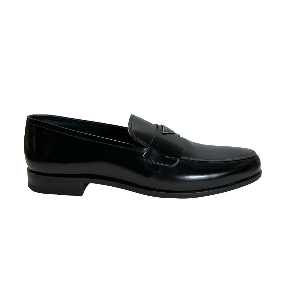 Used PRADA Leather Logo Plaque Loafers Shoes Black Silver