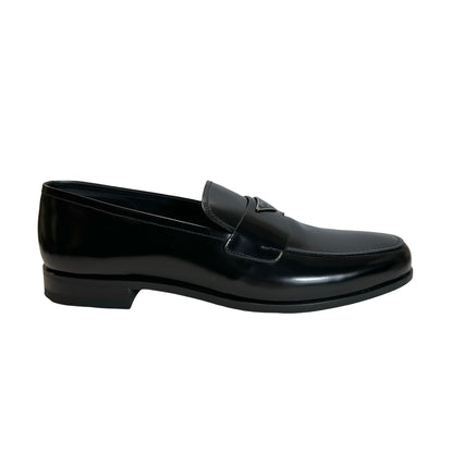 Used PRADA Leather Logo Plaque Loafers Shoes Black Silver