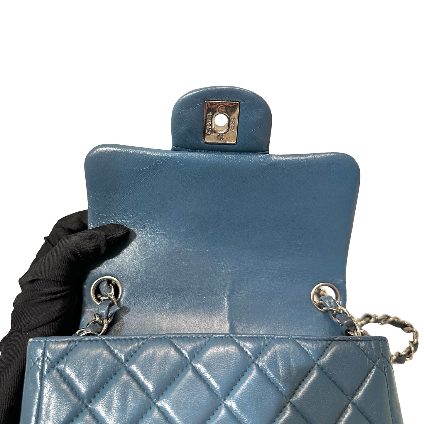 Used CHANEL Calfskin Leather Flap mini 17cm Cross Body Bag Blue PHW
