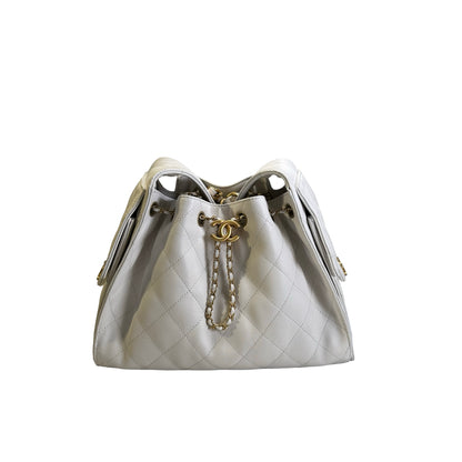 Used CHANEL Caviar Quilted 25 Small Handbag White Gold