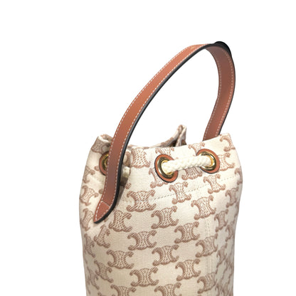 Used CELINE Triomphe Canvas Calfskin Teen Triomphe Drawstring Drawstring Bag Beige Brown GHW