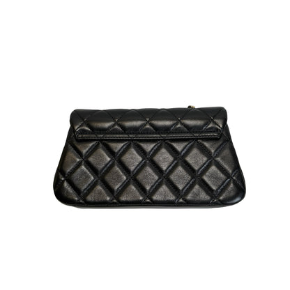 Used CHANEL Quilted Lambskin Mini Rectangular Flap Bag Chain Shoulder Bag Black Gold